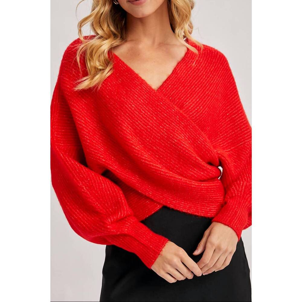 NEW BLUIVY wrap crossover ribbed fuzzy knit sweater in red